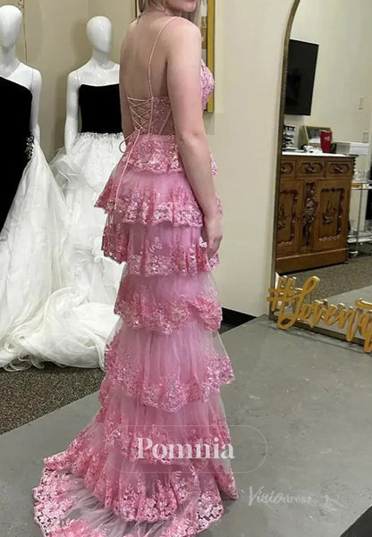 Hot Pink Tiered Sequin Prom Dress V Neck Formal Dress Mychicdress