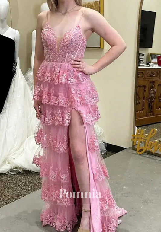 Hot Pink Tiered Sequin Prom Dress V Neck Formal Dress Mychicdress