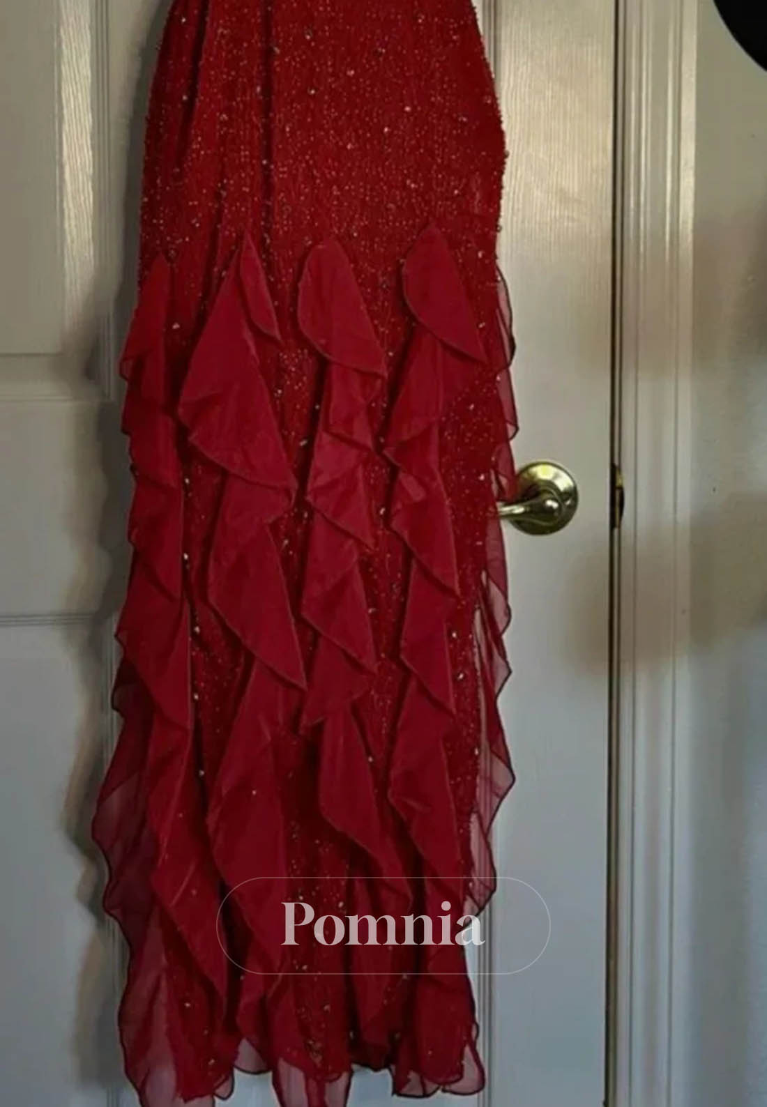 Hot Sheath Spaghetti Straps Red Long Prom Dress with Pearls Ruffles