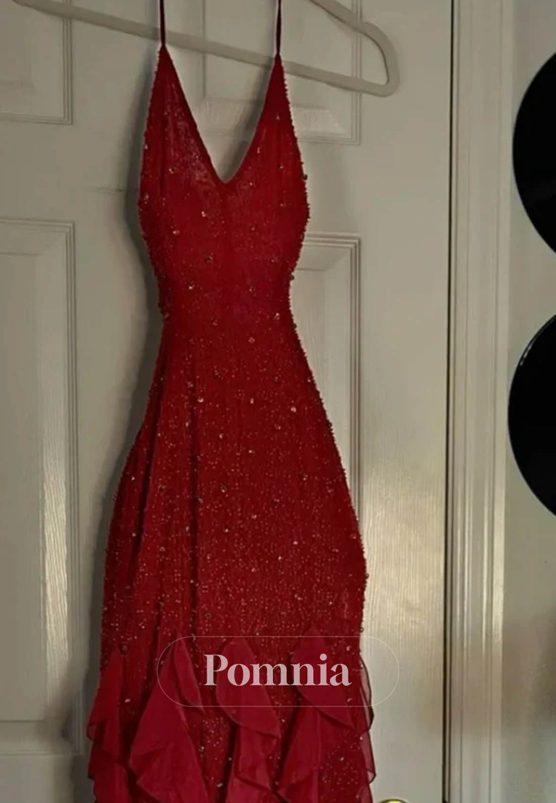 Hot Sheath Spaghetti Straps Red Long Prom Dress with Pearls Ruffles