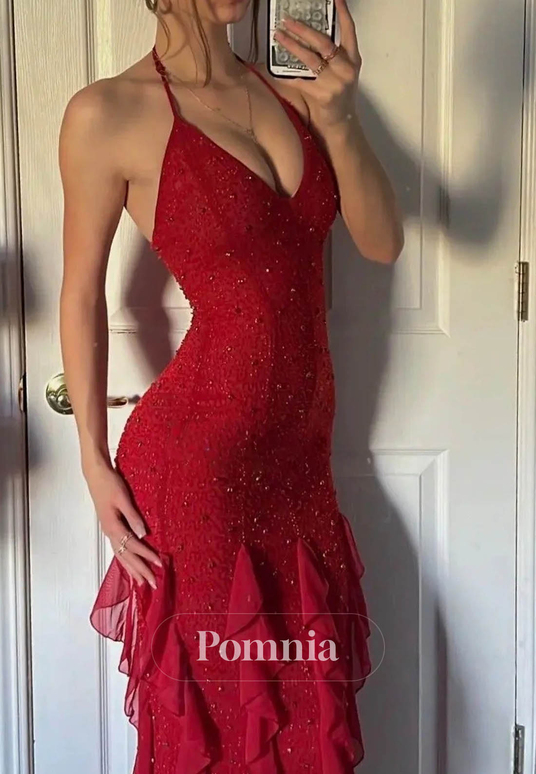 Hot Sheath Spaghetti Straps Red Long Prom Dress with Pearls Ruffles