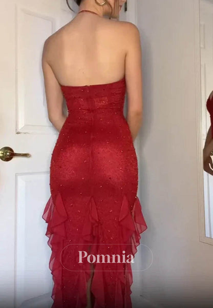 Hot Sheath Spaghetti Straps Red Long Prom Dress with Pearls Ruffles