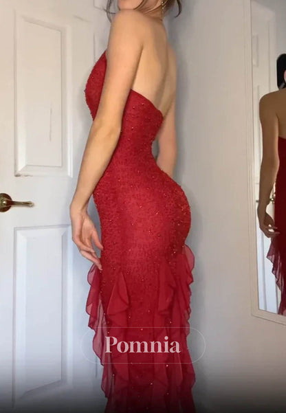 Hot Sheath Spaghetti Straps Red Long Prom Dress with Pearls Ruffles