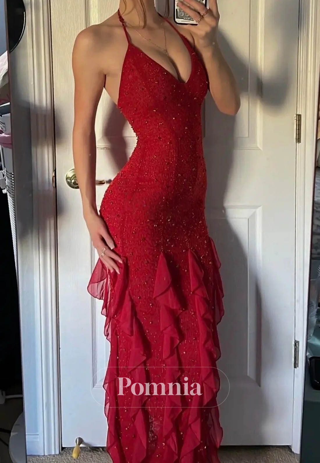 Hot Sheath Spaghetti Straps Red Long Prom Dress with Pearls Ruffles