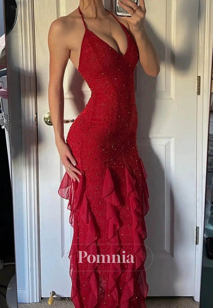 Hot Sheath Spaghetti Straps Red Long Prom Dress with Pearls Ruffles
