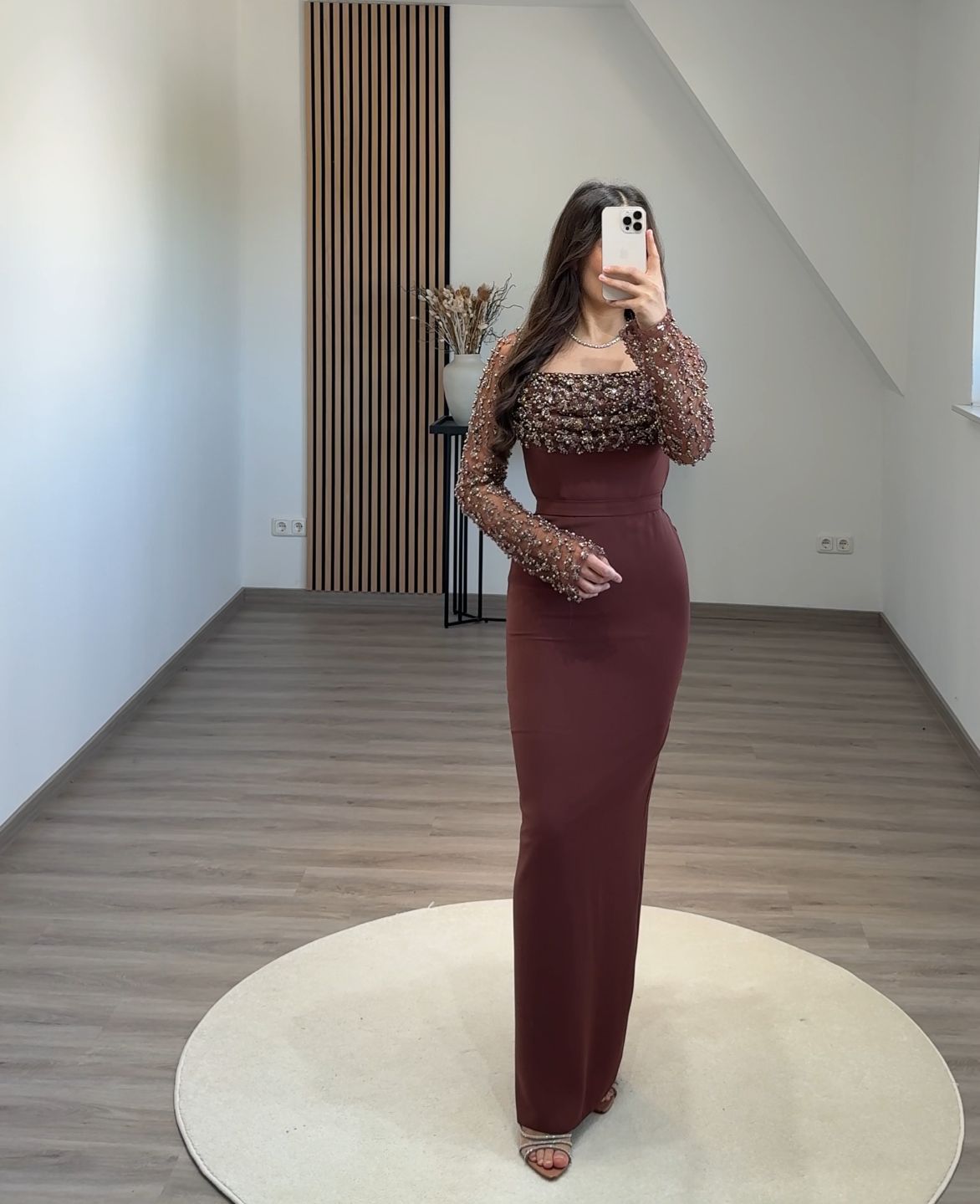 Dusty Sage Long Sleeves Scoop Slit Appliques Evening Dress