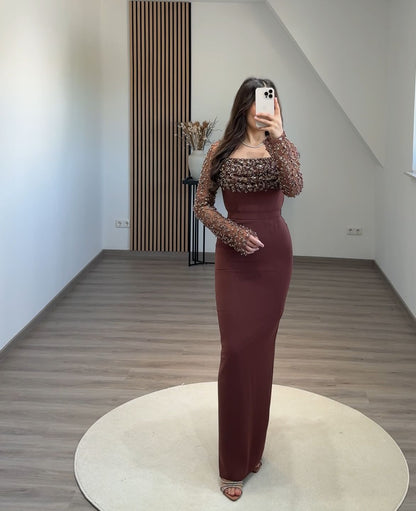 Dusty Sage Long Sleeves Scoop Slit Appliques Evening Dress