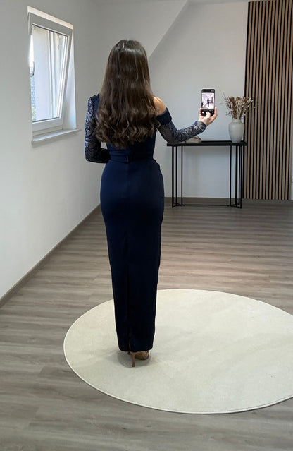 Elegant Long Sleeves V-Neck Ruched Satin Evening Dress