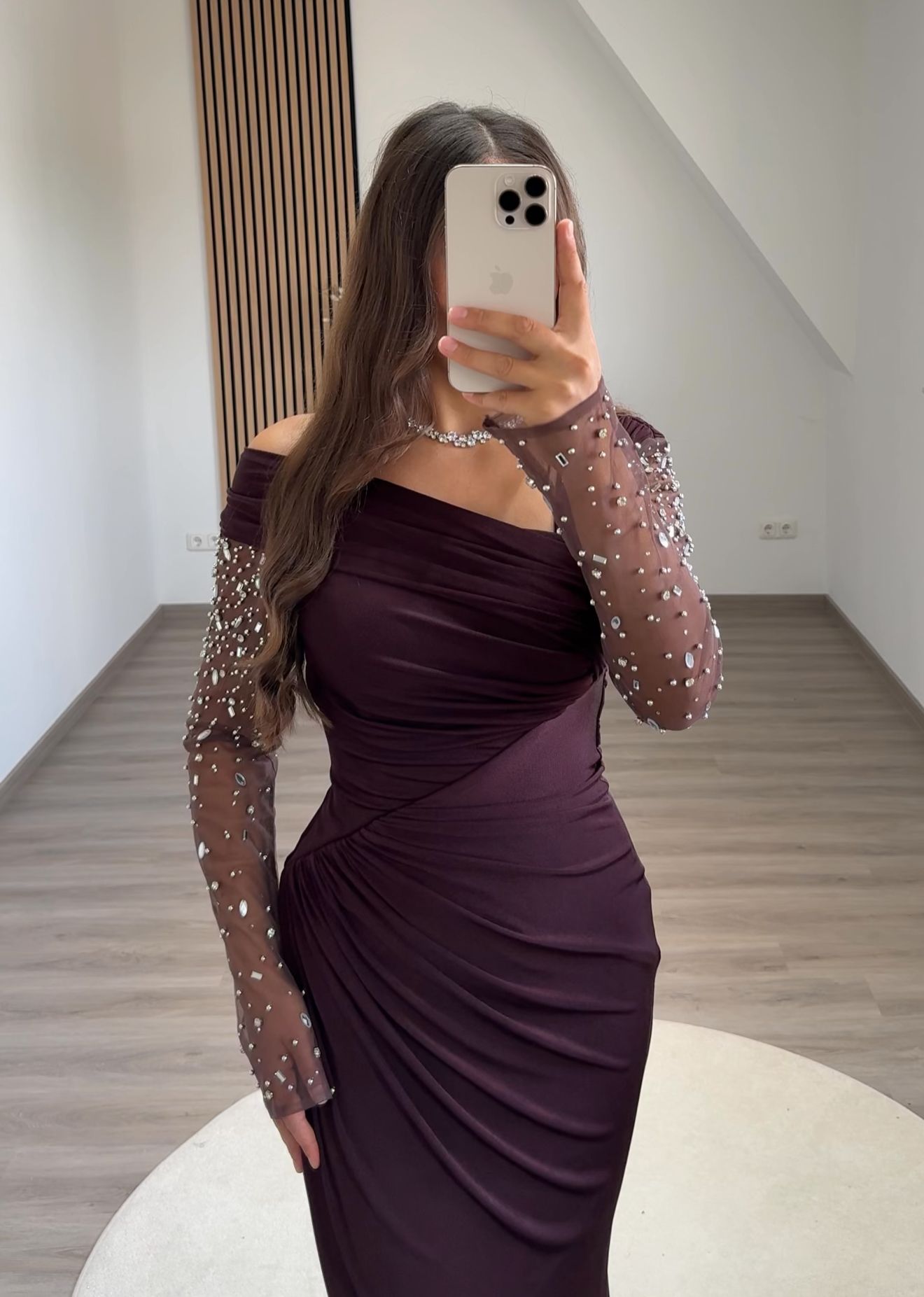 Long Sleeves Pearls Corset Evening Party Dress