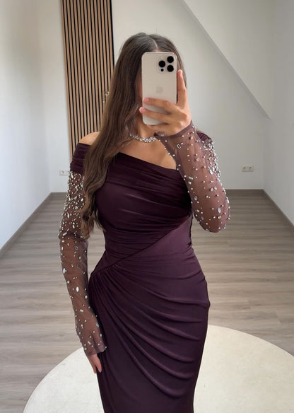 Long Sleeves Pearls Corset Evening Party Dress