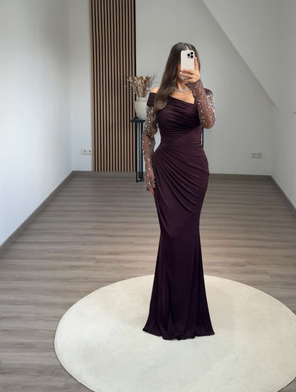 Long Sleeves Pearls Corset Evening Party Dress