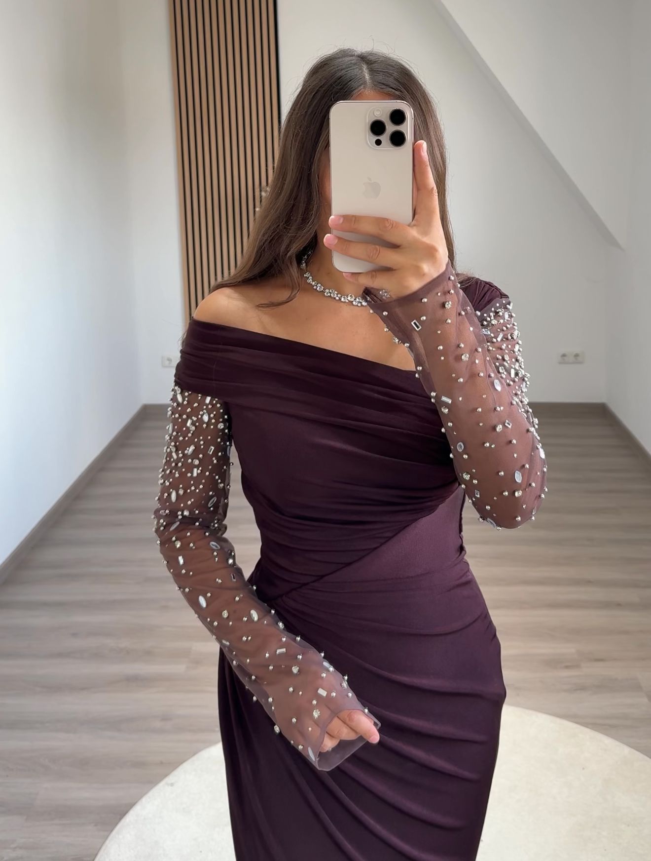 Long Sleeves Pearls Corset Evening Party Dress