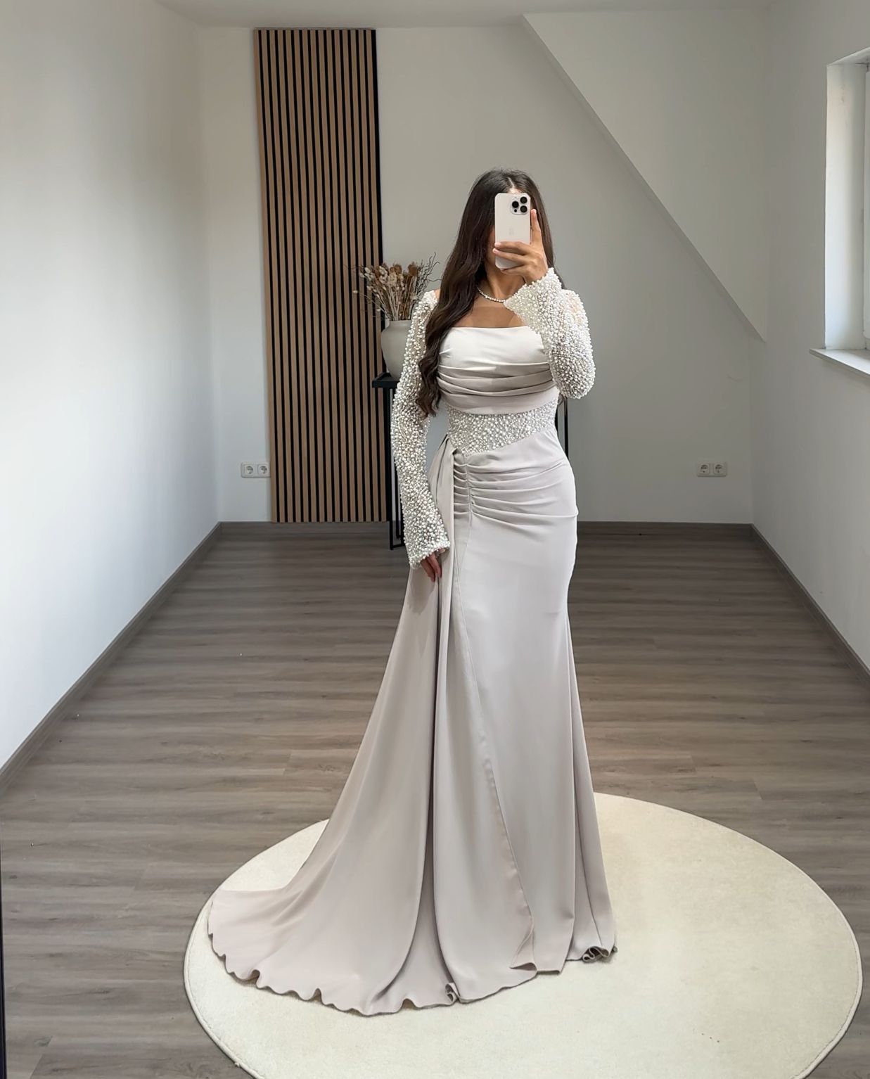 Sheath Long Sleeves Scoop Prom Dress with Pearls Corset Evening Dress