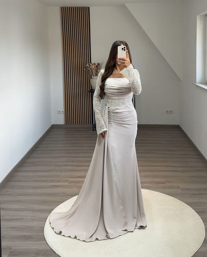 Sheath Long Sleeves Scoop Prom Dress with Pearls Corset Evening Dress