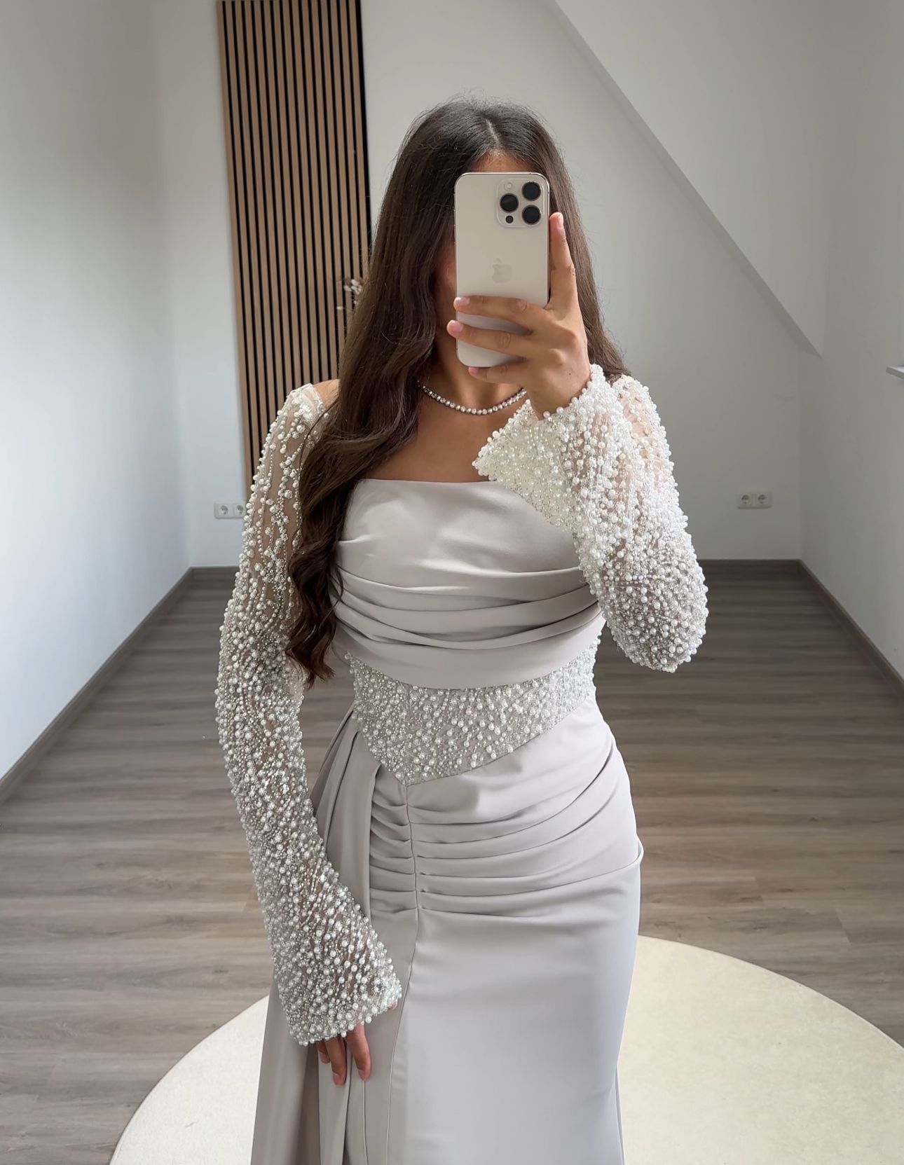 Sheath Long Sleeves Scoop Prom Dress with Pearls Corset Evening Dress