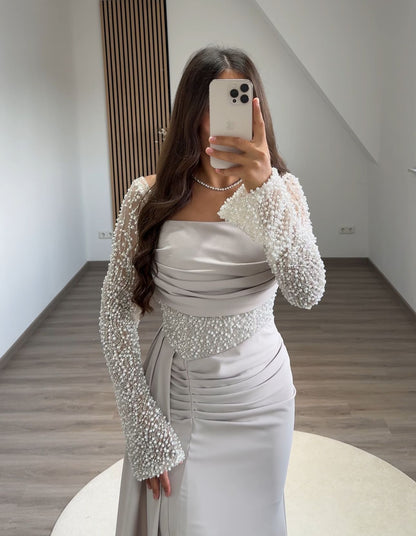 Sheath Long Sleeves Scoop Prom Dress with Pearls Corset Evening Dress