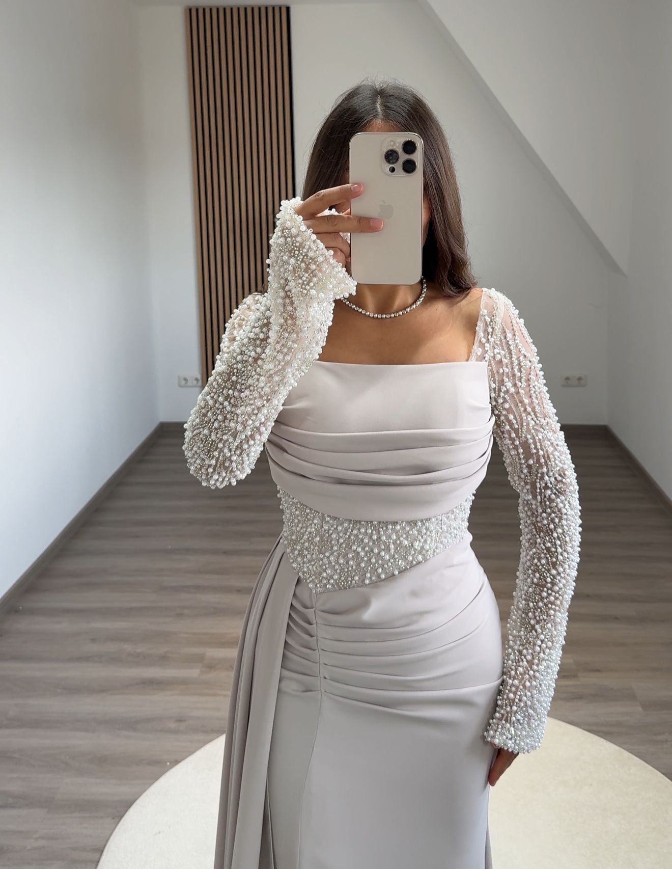 Sheath Long Sleeves Scoop Prom Dress with Pearls Corset Evening Dress