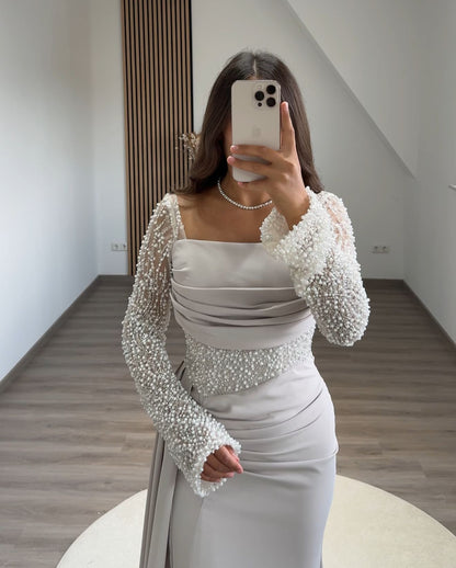 Sheath Long Sleeves Scoop Prom Dress with Pearls Corset Evening Dress