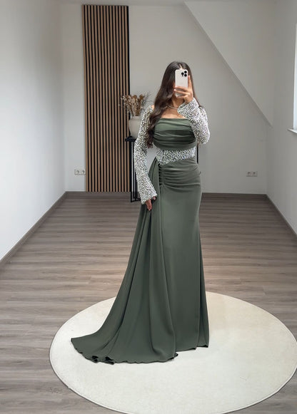 Long Sleeves Scoop Prom Dress with Pearls Corset Evening Party Dress