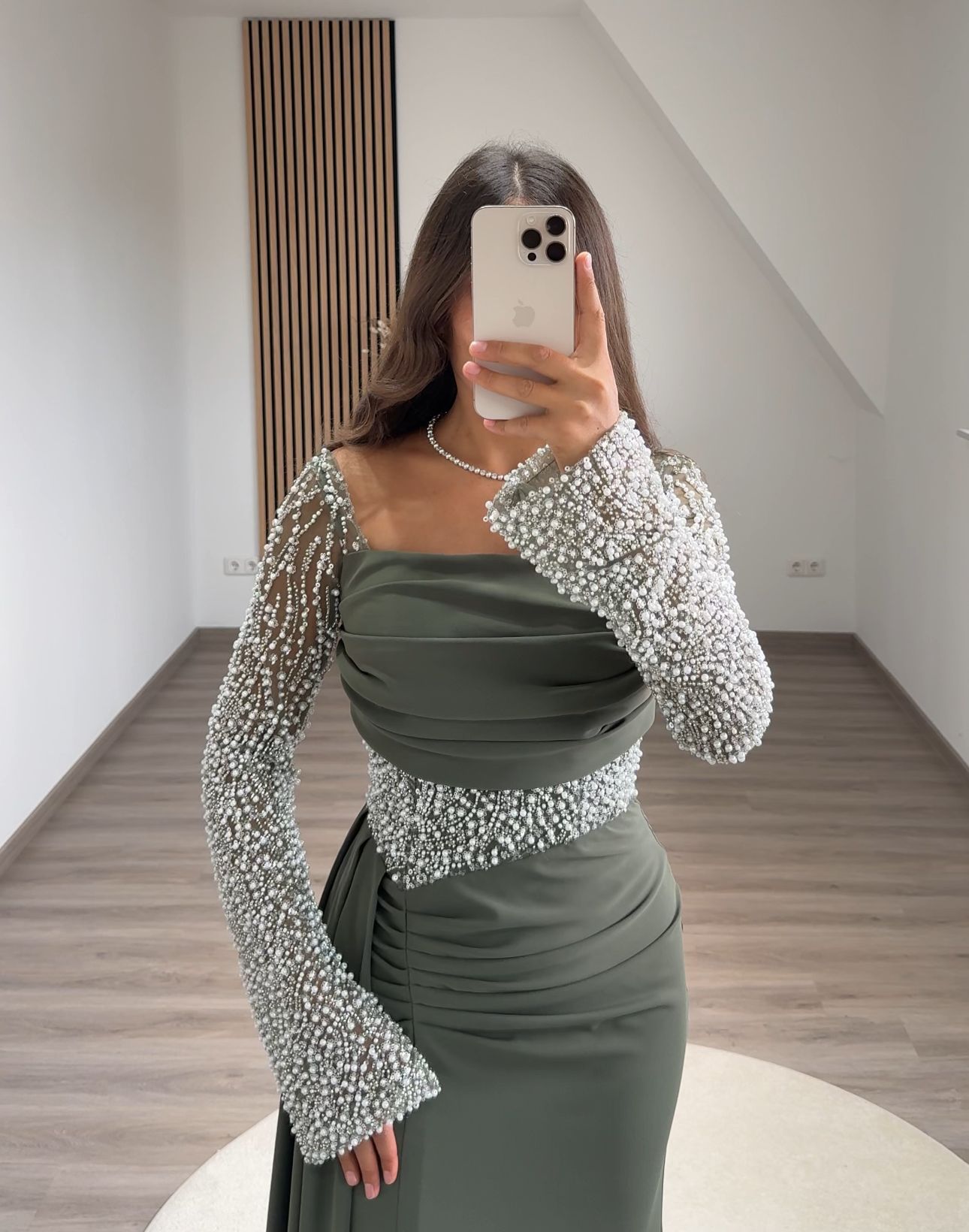 Long Sleeves Scoop Prom Dress with Pearls Corset Evening Party Dress