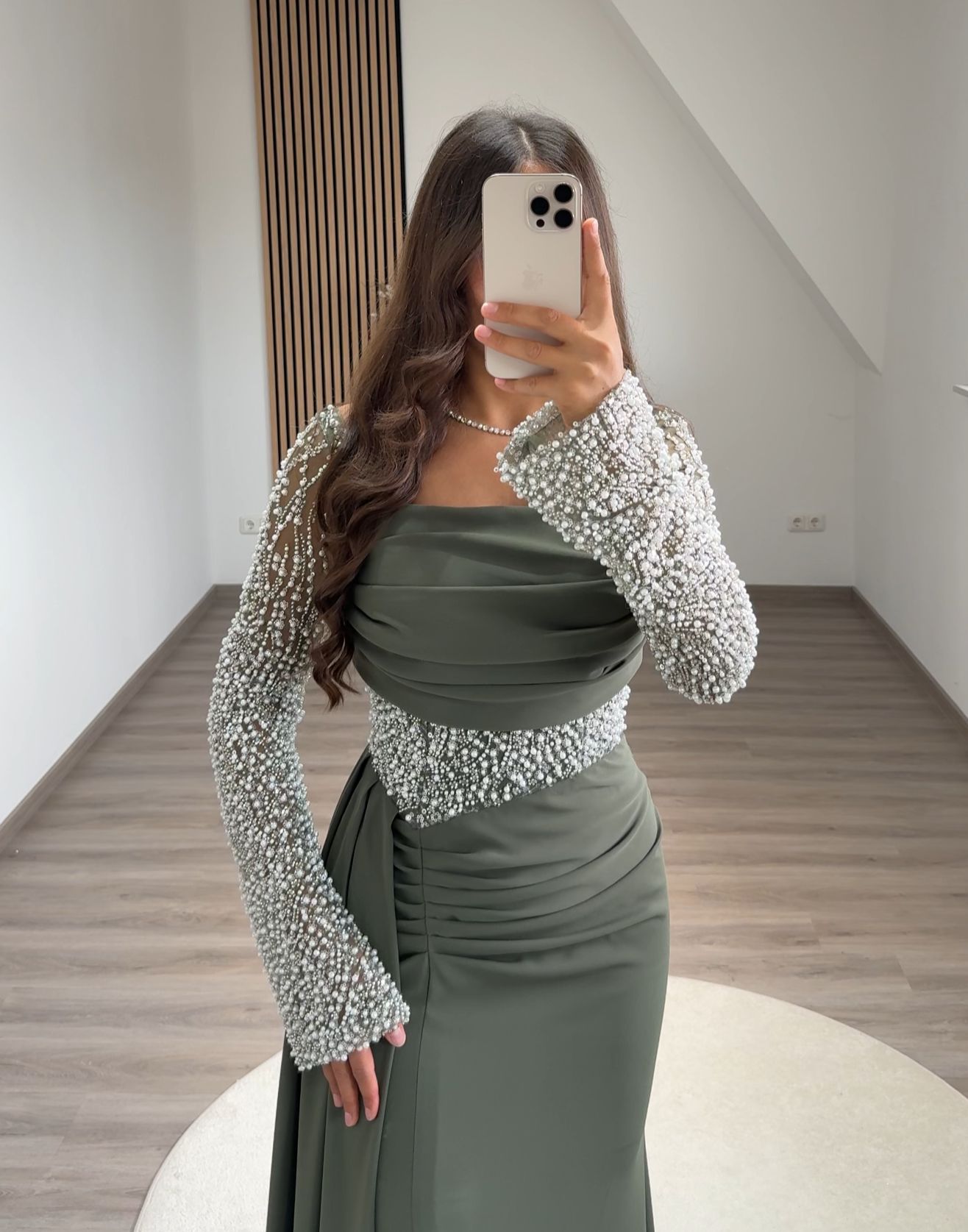 Long Sleeves Scoop Prom Dress with Pearls Corset Evening Party Dress