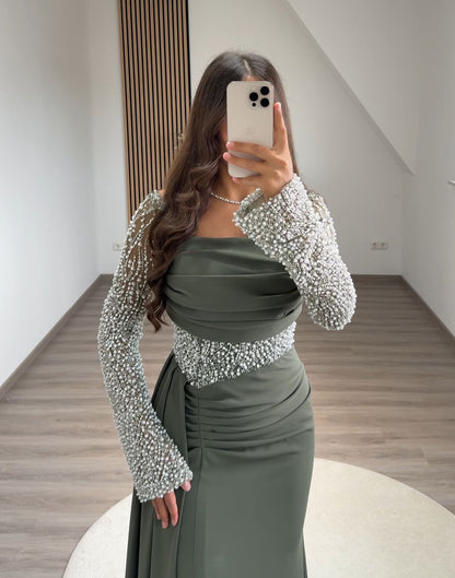 Long Sleeves Scoop Prom Dress with Pearls Corset Evening Party Dress
