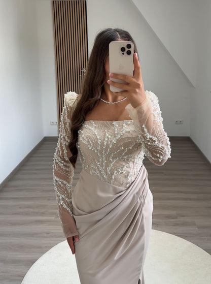 Long Sleeves One Shoulder Ruched Evening Dress