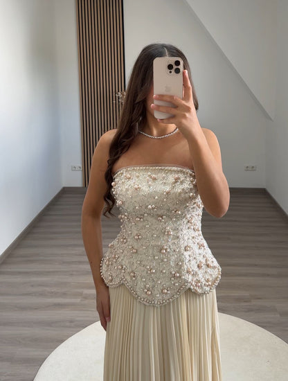 Off Shoulder V-Neck Beads Cap Sleeves High Split Pleats Evening Formal Dress