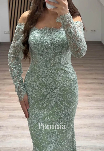 Dusty Sage Long Sleeves Sweetheart Mermaid Ruched Evening Dress