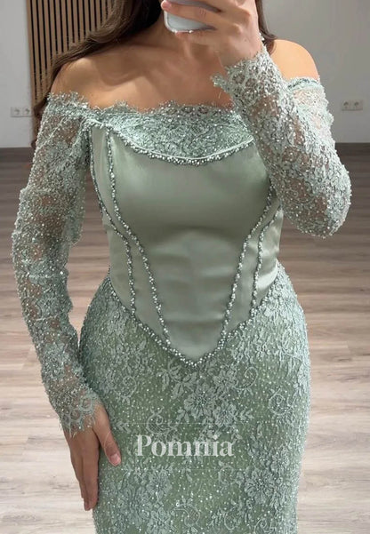 Dusty Sage Long Sleeves Sweetheart Mermaid Ruched Evening Dress