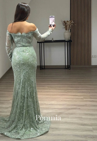 Dusty Sage Long Sleeves Sweetheart Mermaid Ruched Evening Dress