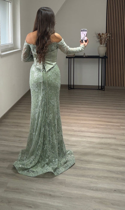 Elegant Long Sleeves Scoop Sequins A-Line Evening Dress