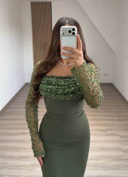 Sparkly High Neck Sequins Ruched Formal Evening Dress