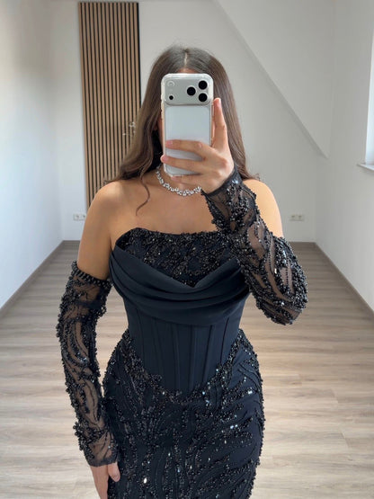 Elegant Long Sleeves Off-Shoulder Sequins Slit Ruched Evening Dress