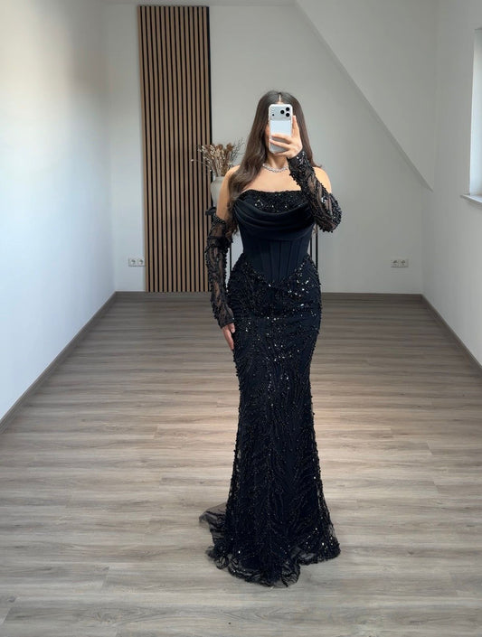 Elegant Long Sleeves Off-Shoulder Sequins Slit Ruched Evening Dress