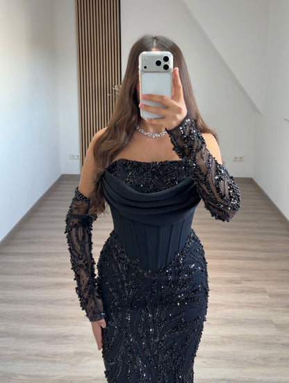 Elegant Long Sleeves Off-Shoulder Sequins Slit Ruched Evening Dress