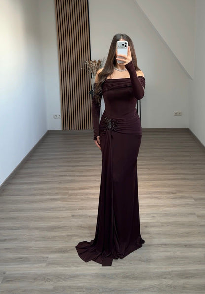 High Neck Long Sleeves Sequins Satin Formal Evening Dress