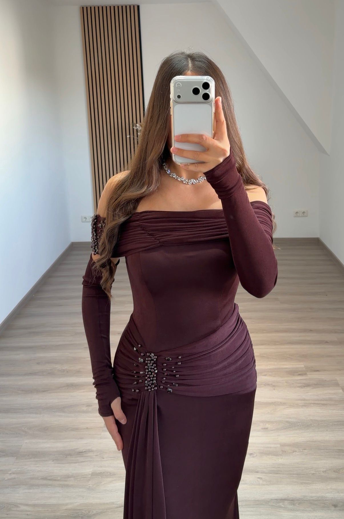 High Neck Long Sleeves Sequins Satin Formal Evening Dress