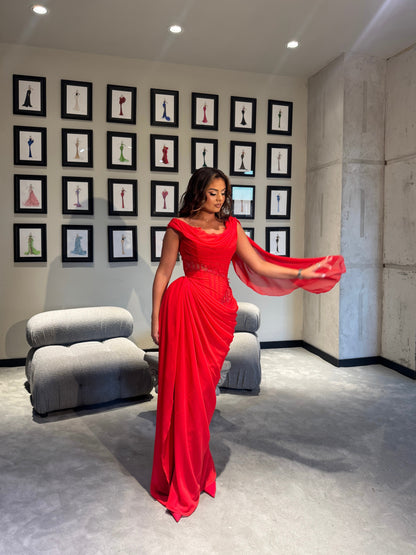 Red Draped Maxi Dress with Boned Corset & Lace Embellishment