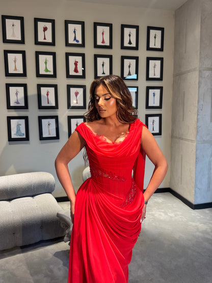 Red Draped Maxi Dress with Boned Corset & Lace Embellishment