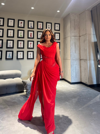 Red Draped Maxi Dress with Boned Corset & Lace Embellishment