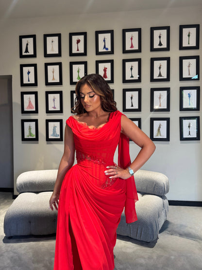 Red Draped Maxi Dress with Boned Corset & Lace Embellishment