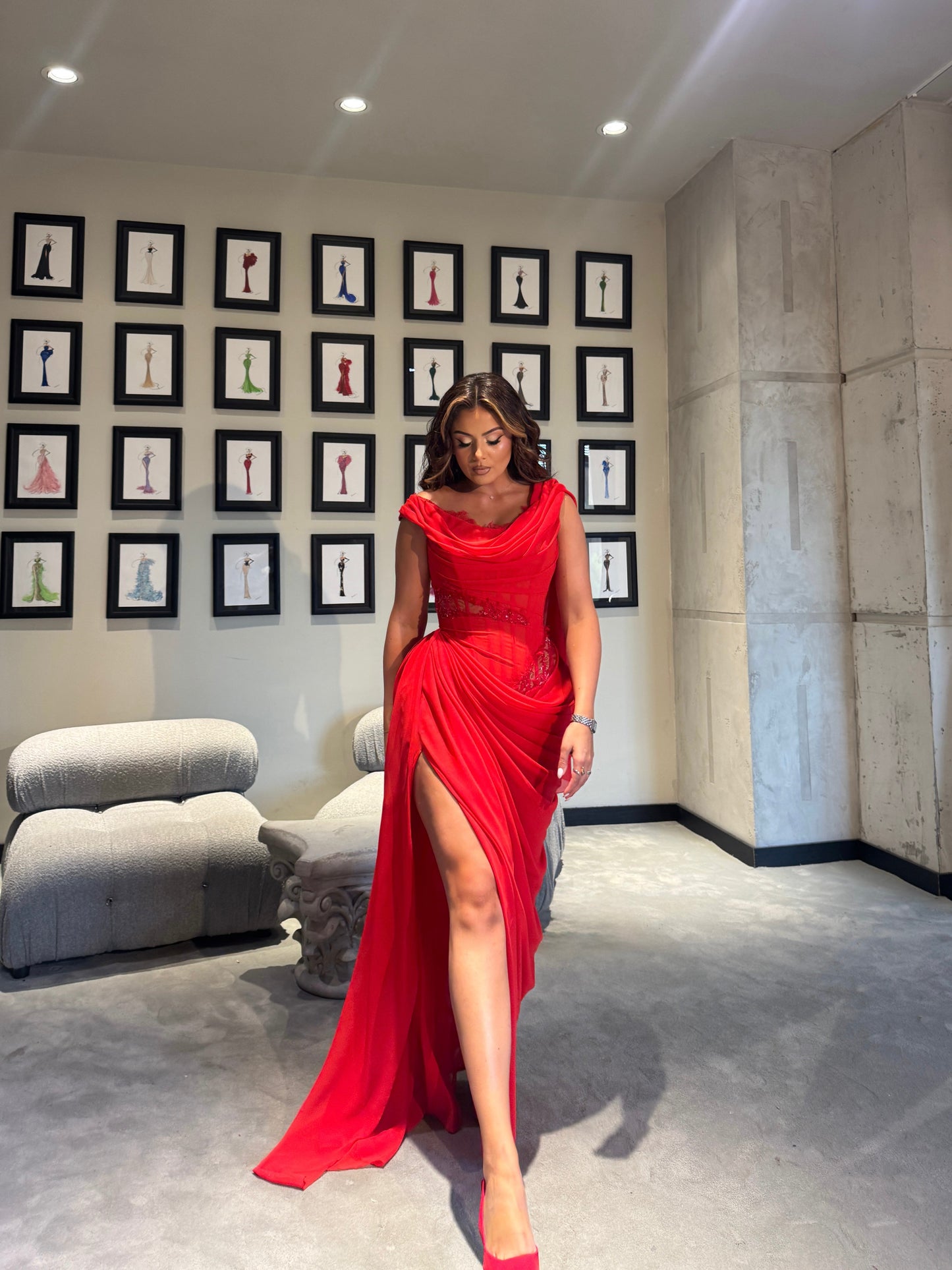 Red Draped Maxi Dress with Boned Corset & Lace Embellishment