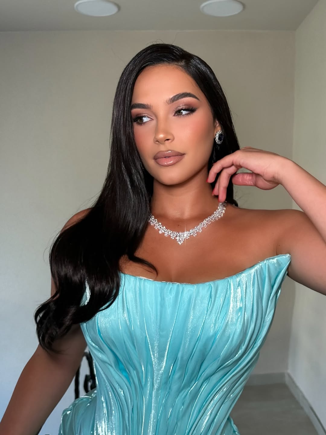 Blue Scoop Neck Sleeveless Ruched Mermaid Sweep Train Evening Dress Prom Gown