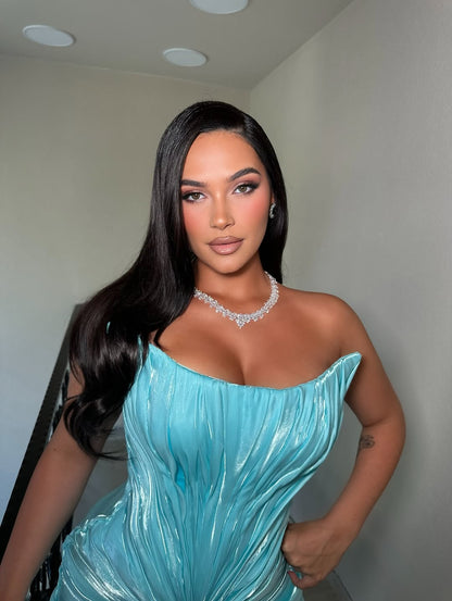 Blue Scoop Neck Sleeveless Ruched Mermaid Sweep Train Evening Dress Prom Gown