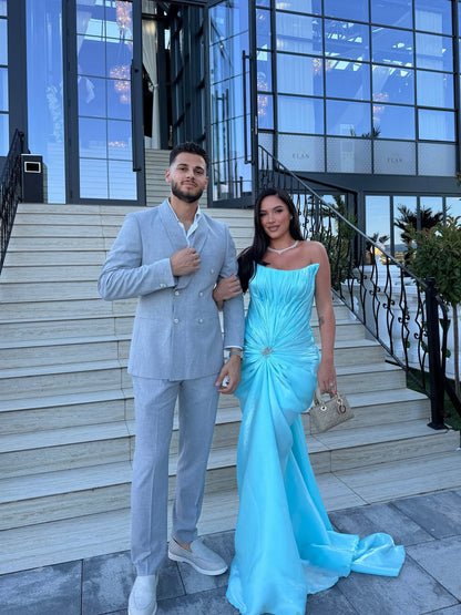 Blue Scoop Neck Sleeveless Ruched Mermaid Sweep Train Evening Dress Prom Gown