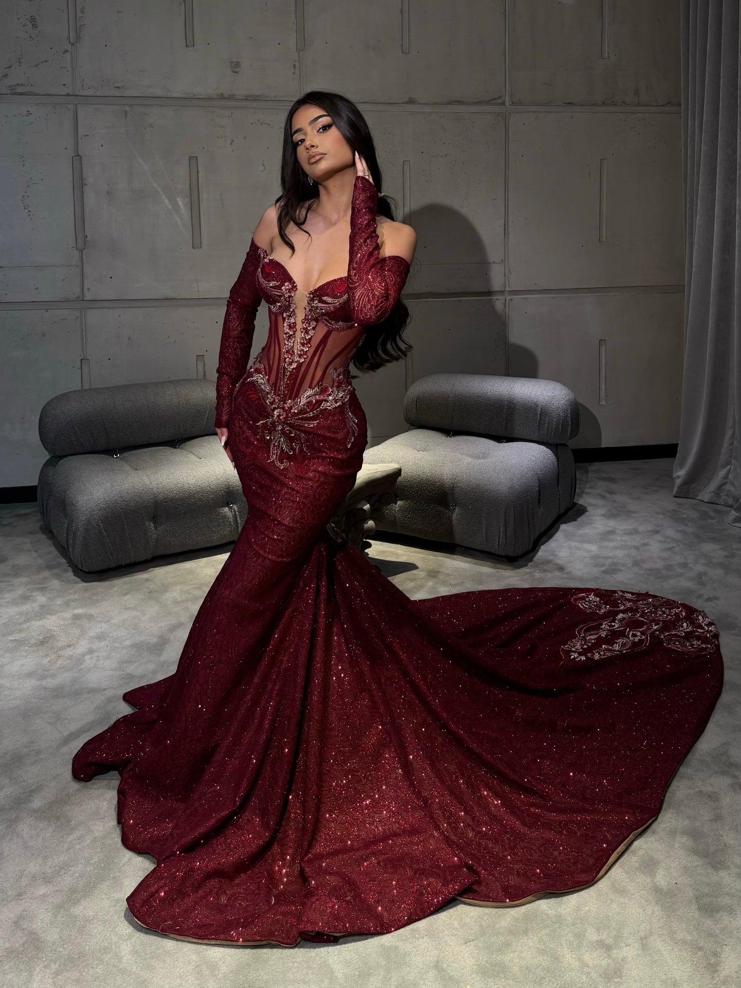 Burgundy Beaded Couture Mermaid Gown