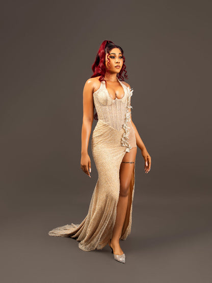 Simple Halter Sleeveless Sequins Slit Prom Dress