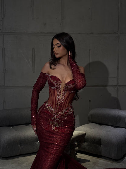 Burgundy Beaded Couture Mermaid Gown