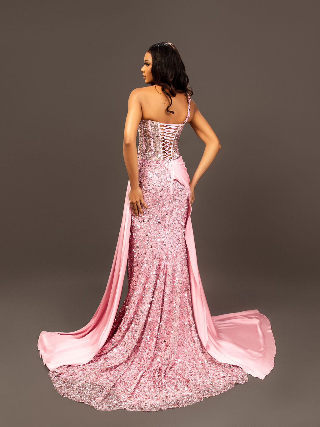 Blushing Pink One Shoulder Sequins Prom Dress